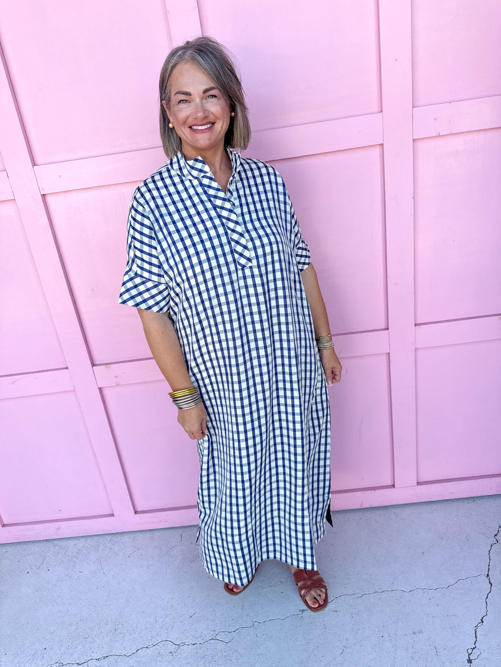 Jincy's Women's Boutique Game Day Cutie Navy Gingham Short Sleeve Midi Maxi Dress Oversized Everyday Wear Entro D31501