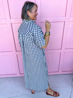Jincy's Women's Boutique Game Day Cutie Navy Gingham Short Sleeve Midi Maxi Dress Oversized Everyday Wear Entro D31501