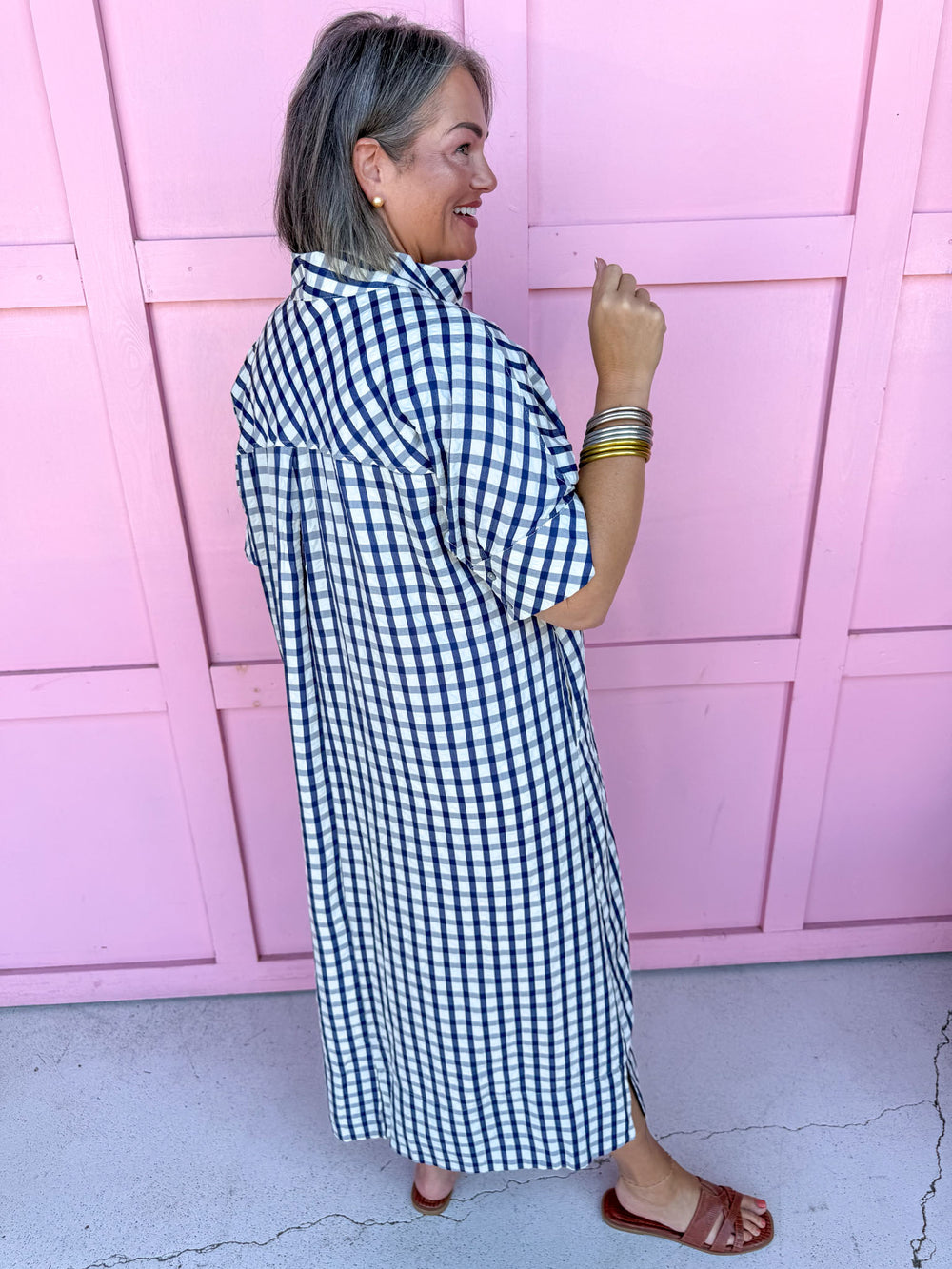 Jincy's Women's Boutique Game Day Cutie Navy Gingham Short Sleeve Midi Maxi Dress Oversized Everyday Wear Entro D31501