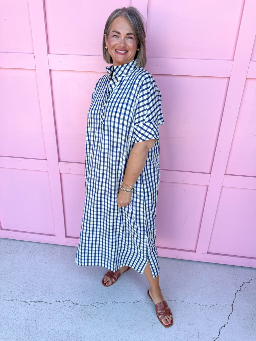 Jincy's Women's Boutique Game Day Cutie Navy Gingham Short Sleeve Midi Maxi Dress Oversized Everyday Wear Entro D31501