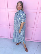 Jincy's Women's Boutique Game Day Cutie Navy Gingham Short Sleeve Midi Maxi Dress Oversized Everyday Wear Entro D31501