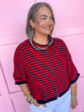 Jincy's Women's Boutique Game Day Red Black Mini Stripe Cardigan Top Everyday Wear Peach Love IKJ300821-04