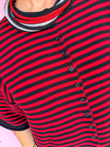 Jincy's Women's Boutique Game Day Red Black Mini Stripe Cardigan Top Everyday Wear Peach Love IKJ300821-04