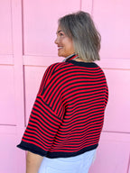 Jincy's Women's Boutique Game Day Red Black Mini Stripe Cardigan Top Everyday Wear Peach Love IKJ300821-04