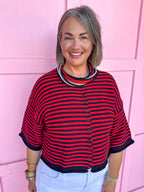 Jincy's Women's Boutique Game Day Red Black Mini Stripe Cardigan Top Everyday Wear Peach Love IKJ300821-04
