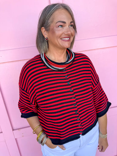 Jincy's Women's Boutique Game Day Red Black Mini Stripe Cardigan Top Everyday Wear Peach Love IKJ300821-04