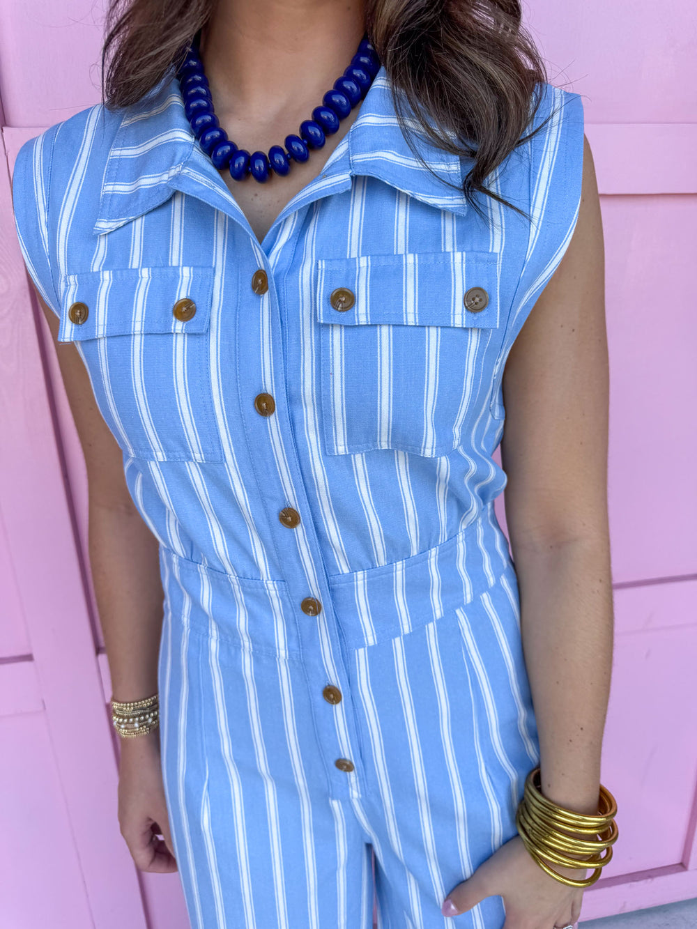 Jincy's Women's Boutique Game Day bBlue Mini Stripe Jumpsuit Everyday Wear Peach Love IR201020-01