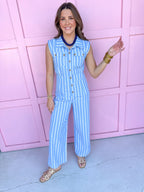 Jincy's Women's Boutique Game Day Blue Mini Stripe Jumpsuit Everyday Wear Peach Love IR201020-01