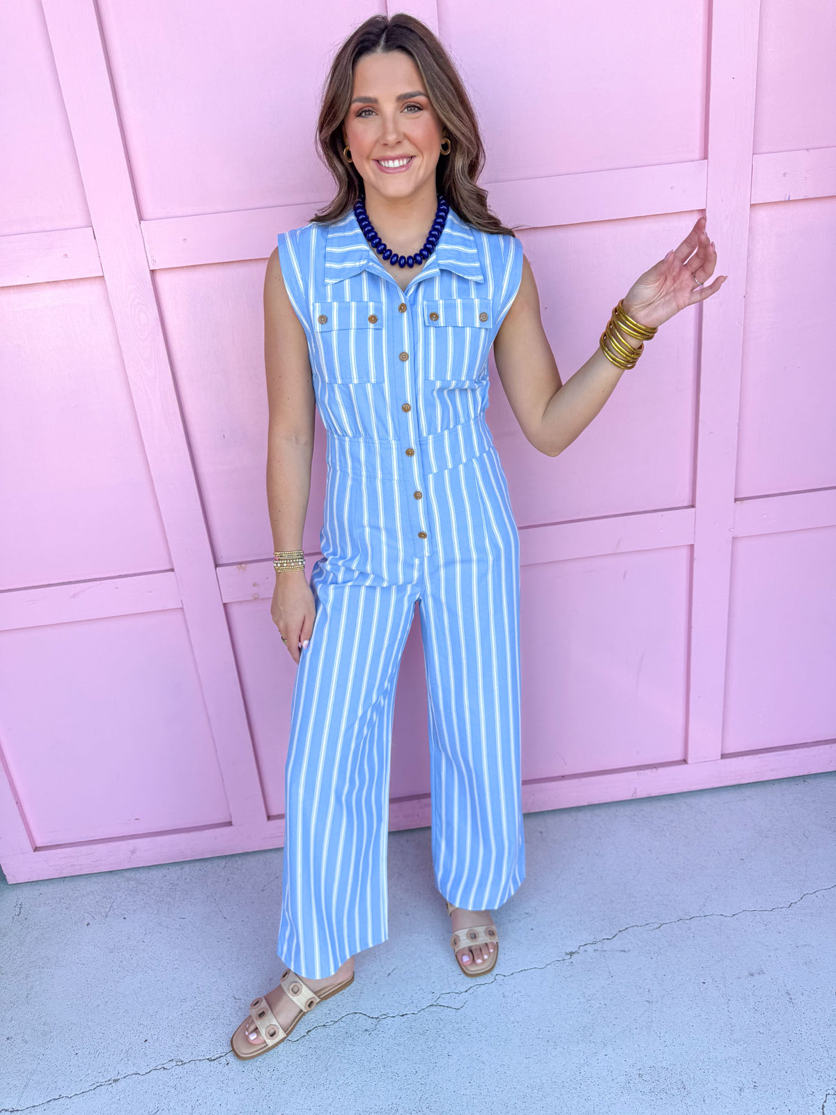 Jincy's Women's Boutique Game Day Blue Mini Stripe Jumpsuit Everyday Wear Peach Love IR201020-01