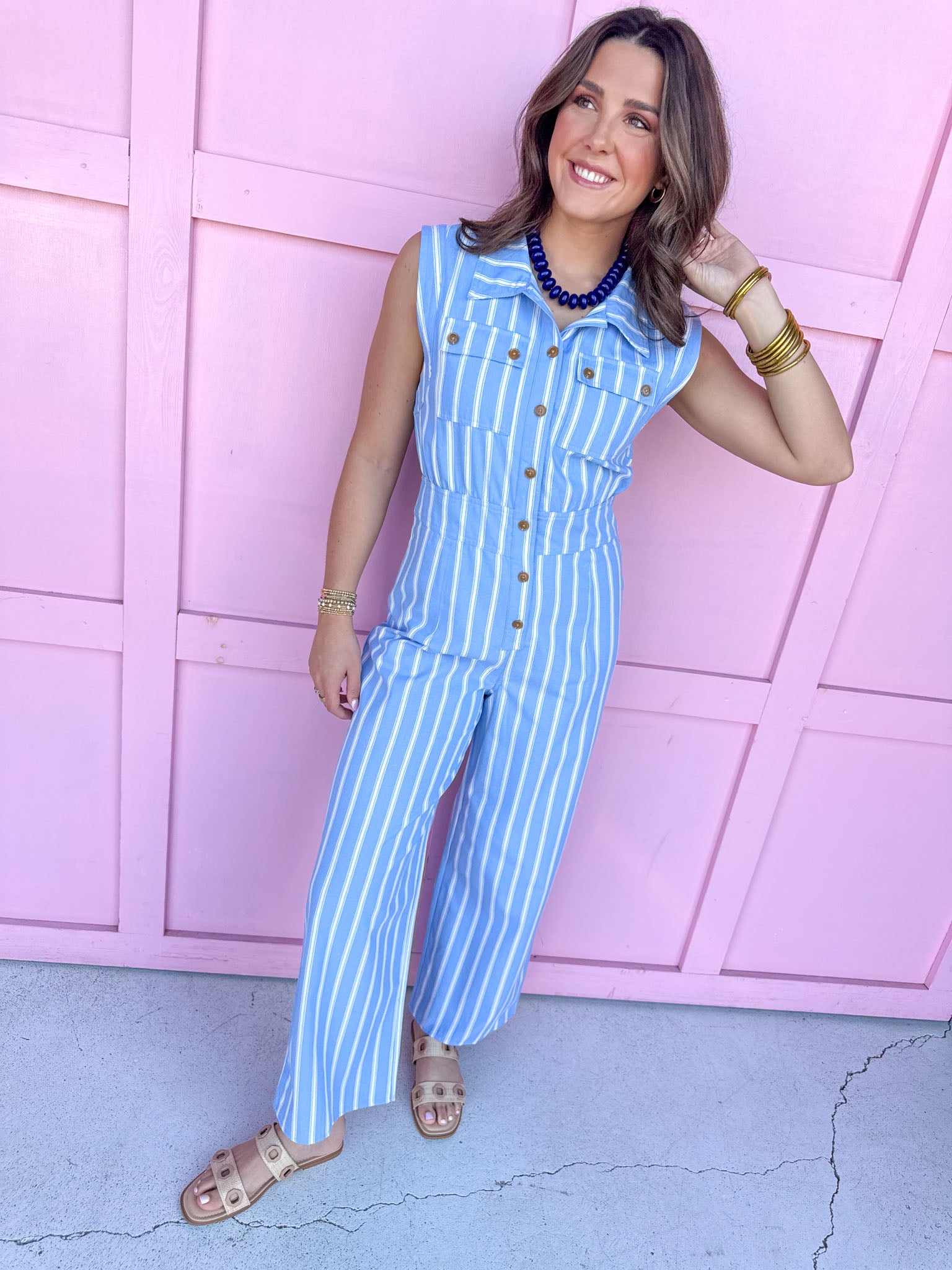Jincy's Women's Boutique Game Day Blue Mini Stripe Jumpsuit Everyday Wear Peach Love IR201020-01