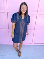 Jincy's Women's Boutique Navy Brown Embroidered Wave Mini Dress Entro B14025