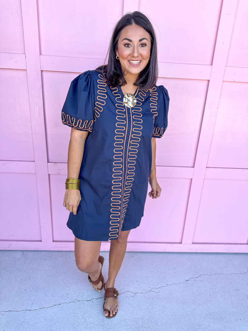 Jincy's Women's Boutique Navy Brown Embroidered Wave Mini Dress Entro B14025