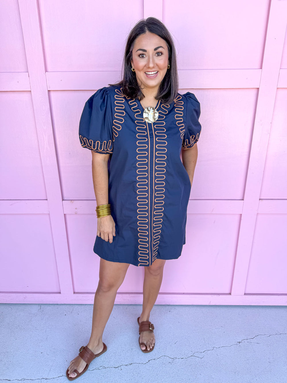 Jincy's Women's Boutique Navy Brown Embroidered Wave Mini Dress Entro B14025