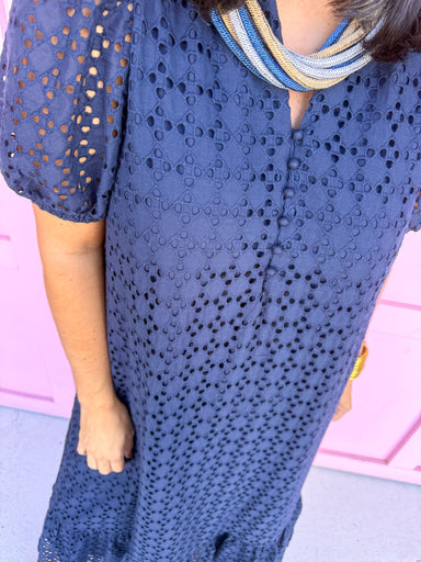 Jincy's Women's Boutique Navy Eyelet Midi Maxi Dress Everyday Wear Entro D29377