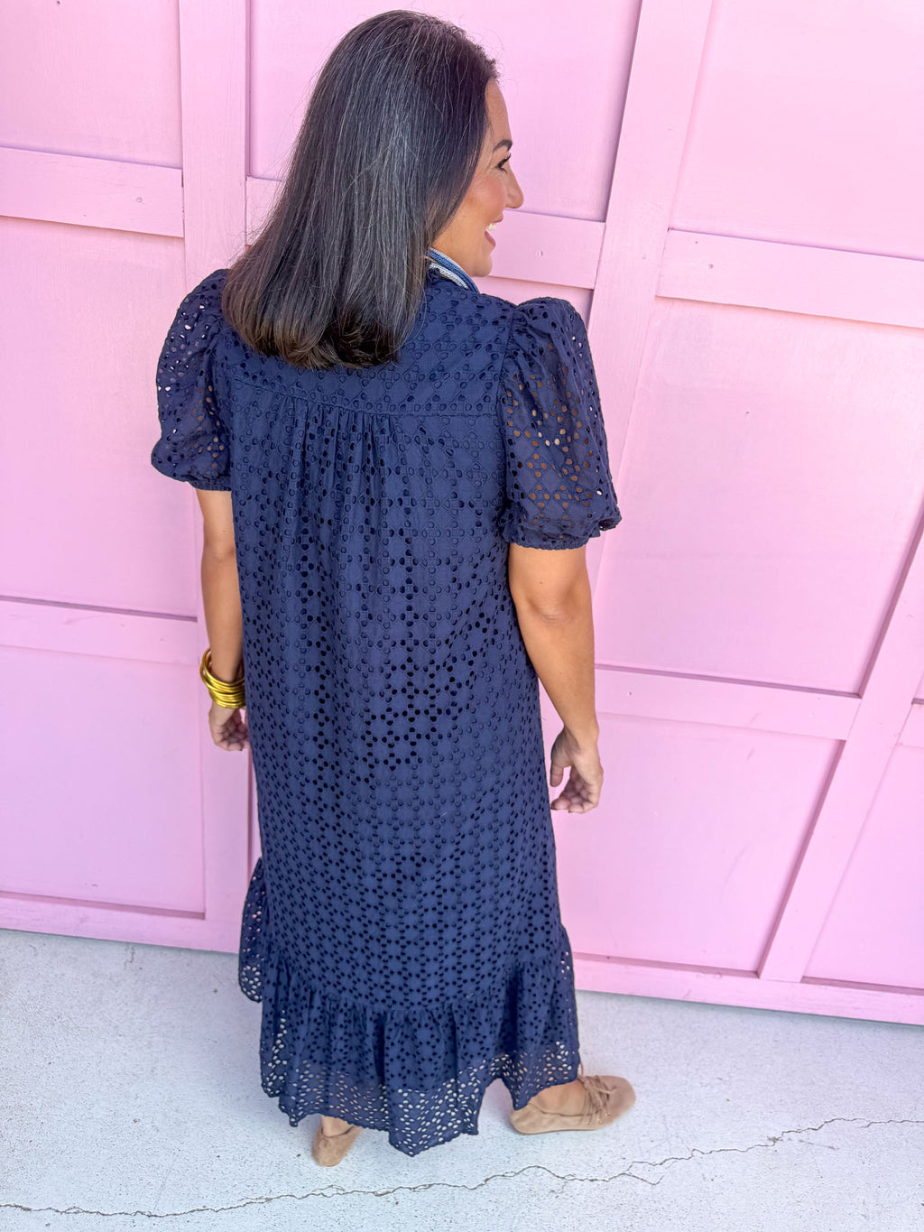 Jincy's Women's Boutique Navy Eyelet Midi Maxi Dress Everyday Wear Entro D29377
