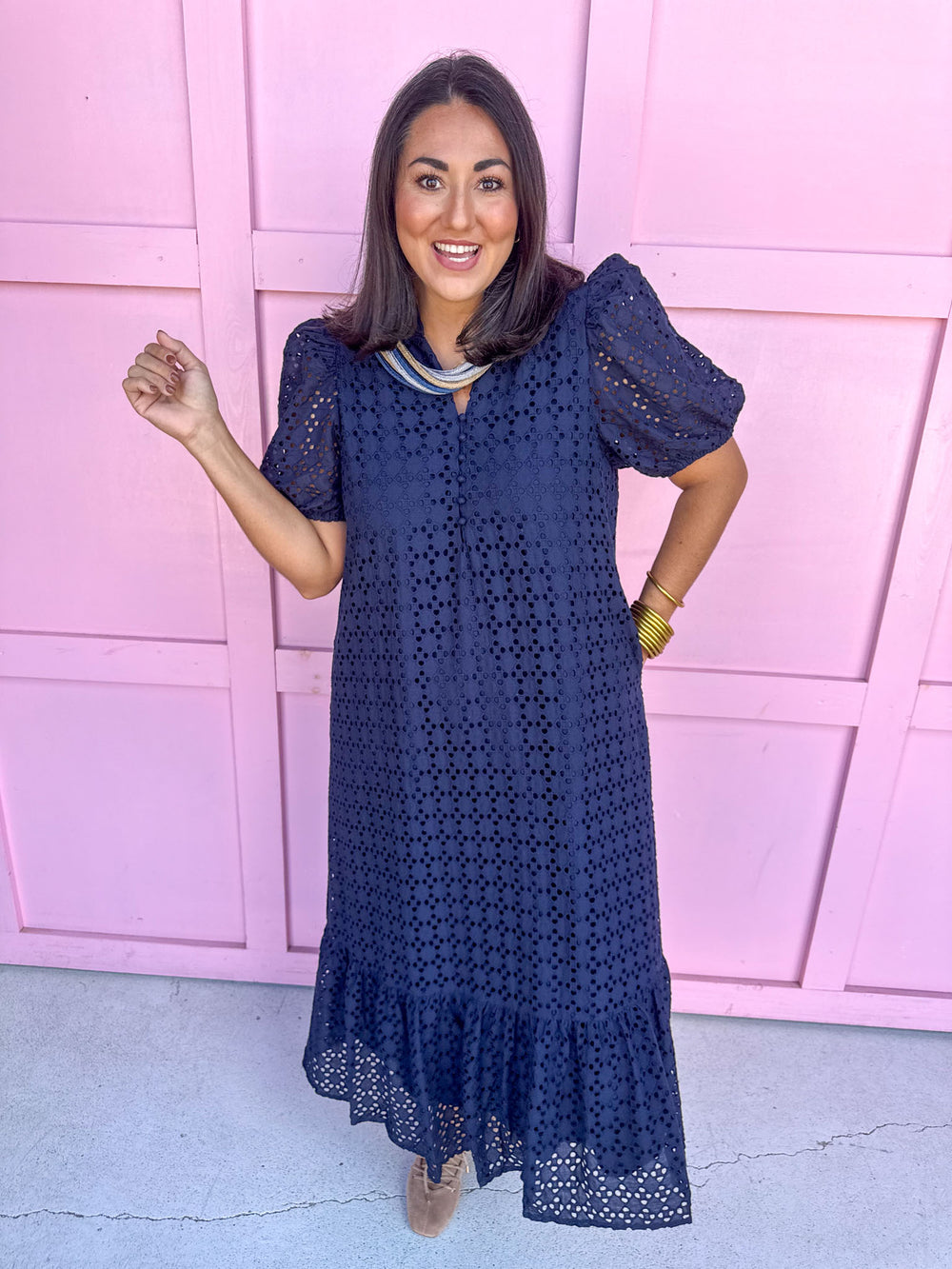 Jincy's Women's Boutique Navy Eyelet Midi Maxi Dress Everyday Wear Entro D29377