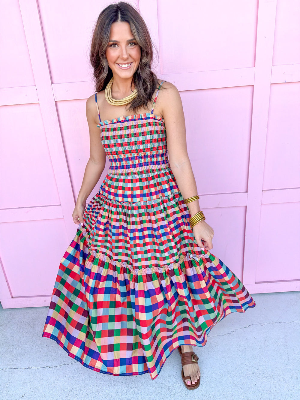 Jincy's Women's Boutique New Arrivals Everyday Wear Fall Transition Styles Color Max Multicolor Gingham Maxi Midi Dress TCEC CD07440