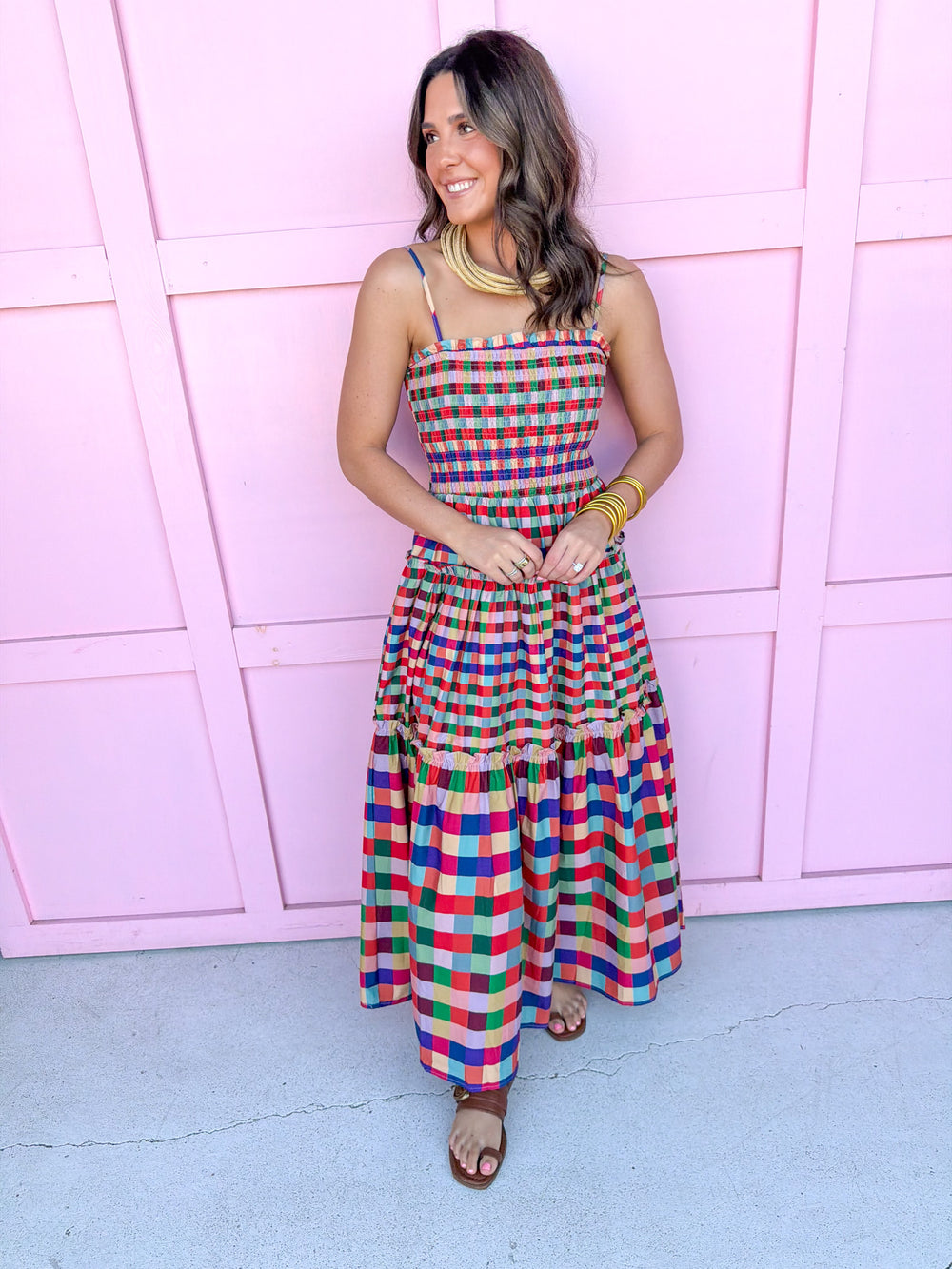 Jincy's Women's Boutique New Arrivals Everyday Wear Fall Transition Styles Color Max Multicolor Gingham Maxi Midi Dress TCEC CD07440