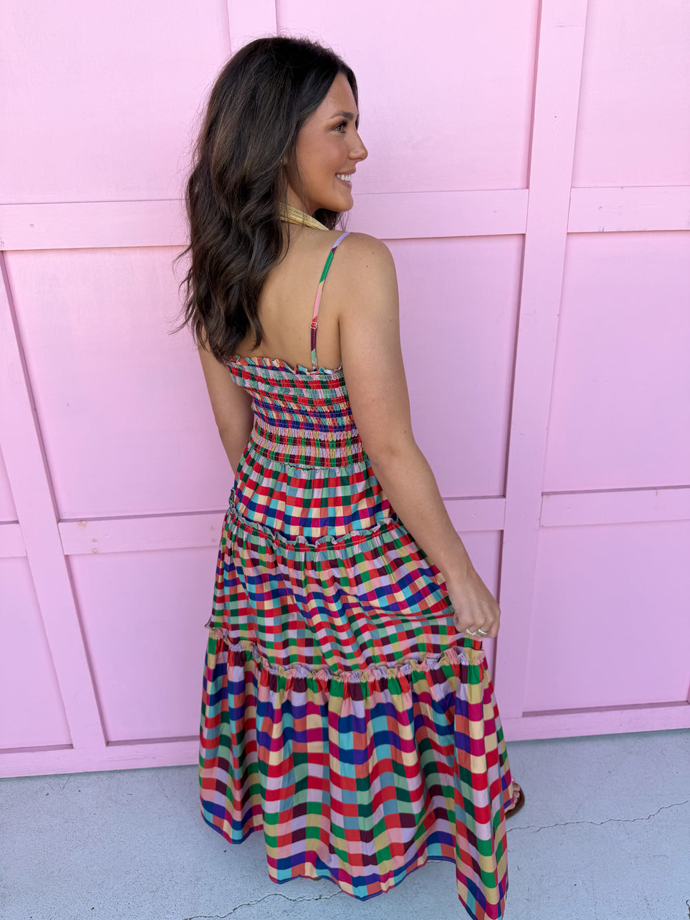 Jincy's Women's Boutique New Arrivals Everyday Wear Fall Transition Styles Color Max Multicolor Gingham Maxi Midi Dress TCEC CD07440