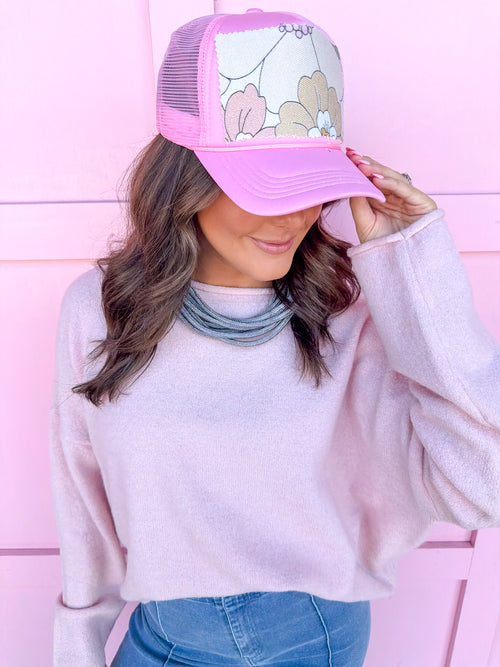 Jincy's Women's Boutique New Arrivals Everyday Wear Fall Transition Styles Foam Trucker Hat Bloom Babe Pink Floral Print Hat