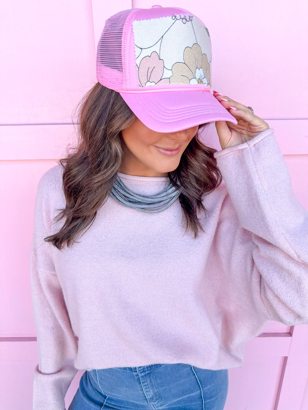 Jincy's Women's Boutique New Arrivals Everyday Wear Fall Transition Styles Foam Trucker Hat Bloom Babe Pink Floral Print Hat