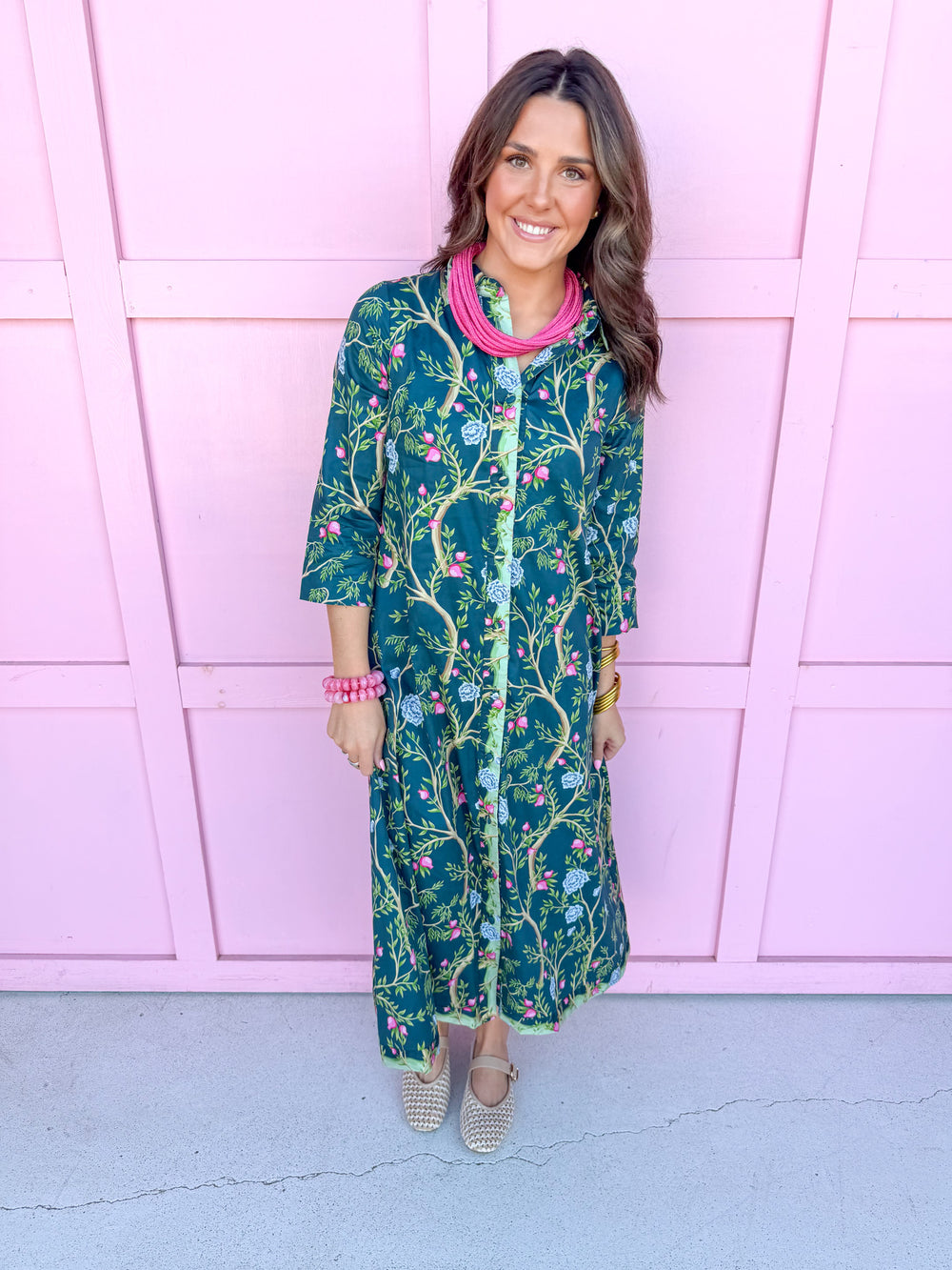 Jincy's Women's Boutique New Arrivals Everyday Wear Fall Transition Styles Jade Green 3/4 Sleeve Midi Maxi Dress Chinoiserie Print TCEC CD07354