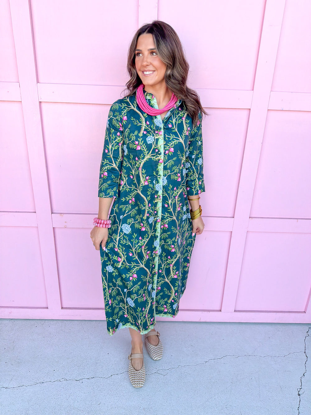 Jincy's Women's Boutique New Arrivals Everyday Wear Fall Transition Styles Jade Green 3/4 Sleeve Midi Maxi Dress Chinoiserie Print TCEC CD07354