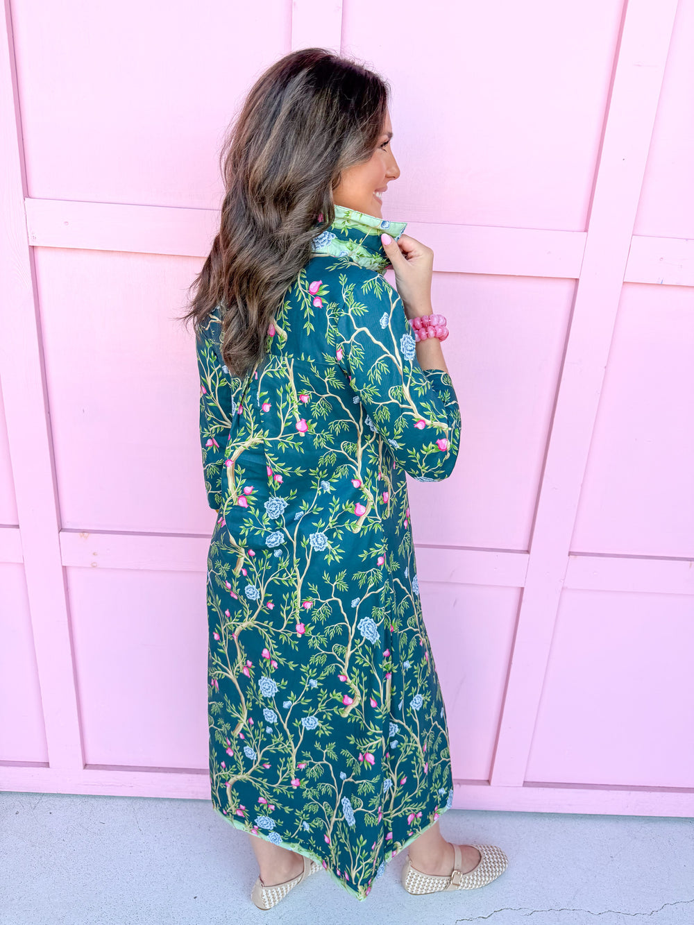 Jincy's Women's Boutique New Arrivals Everyday Wear Fall Transition Styles Jade Green 3/4 Sleeve Midi Maxi Dress Chinoiserie Print TCEC CD07354