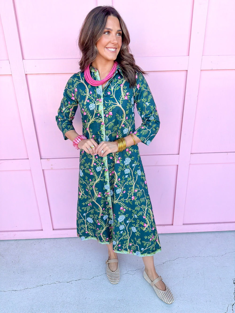 Jincy's Women's Boutique New Arrivals Everyday Wear Fall Transition Styles Jade Green 3/4 Sleeve Midi Maxi Dress Chinoiserie Print TCEC CD07354