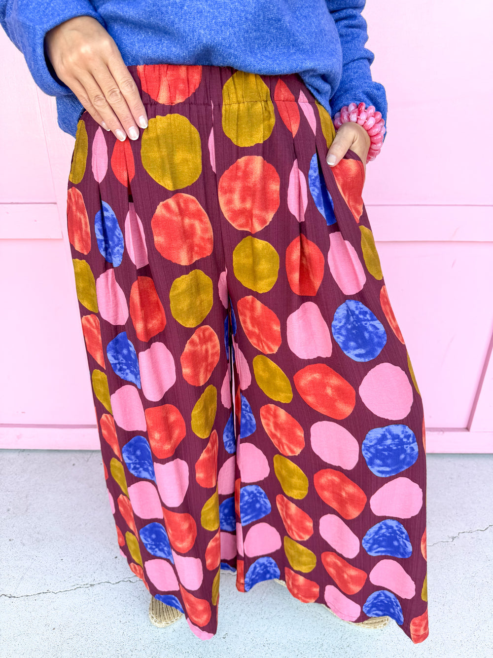 Jincy's Women's Boutique New Arrivals Everyday Wear Fall Transition Styles Lightweight Wide Leg Pants With Multicolor Oversized Polka Dots Umgee C6424