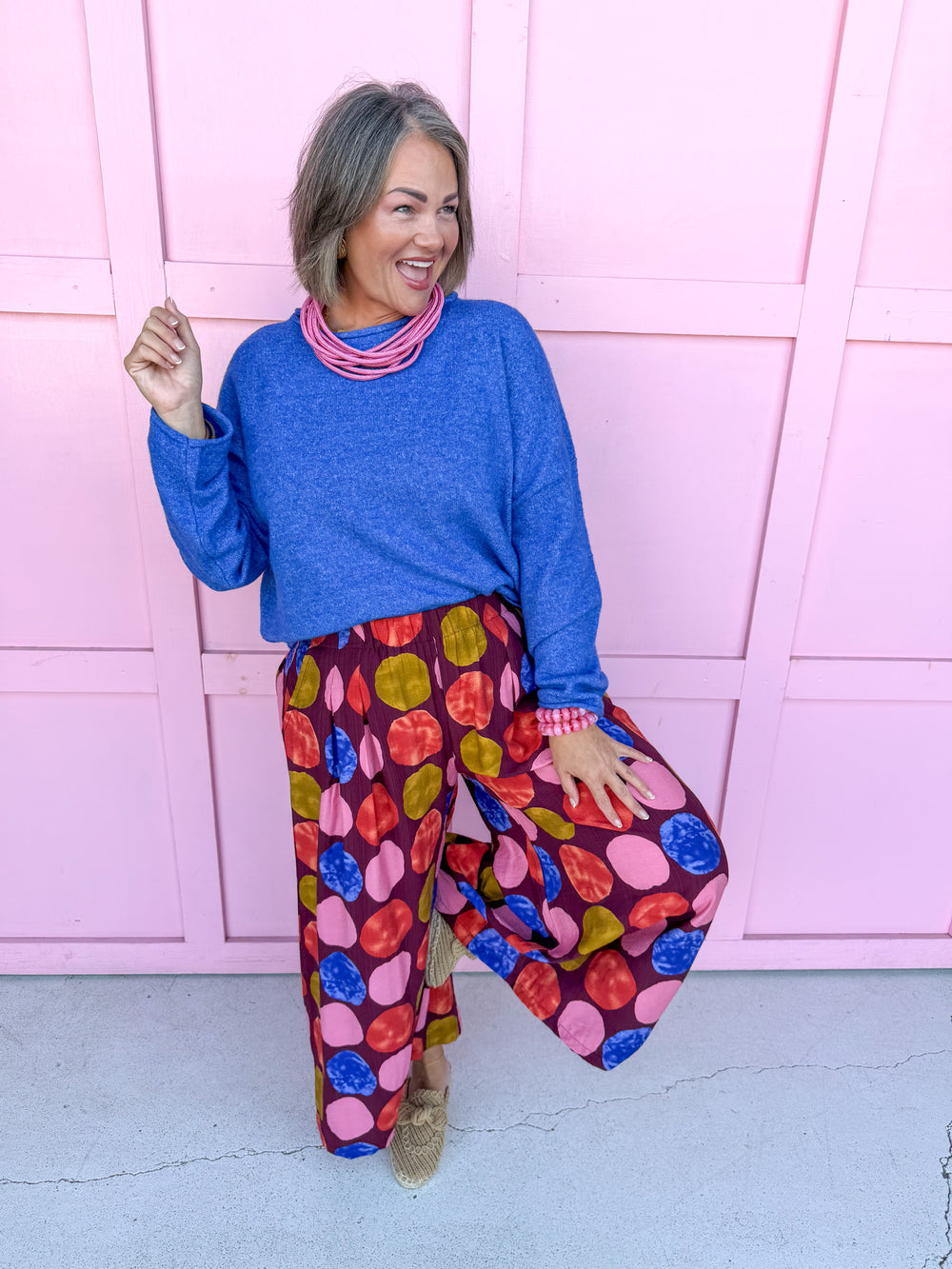 Jincy's Women's Boutique New Arrivals Everyday Wear Fall Transition Styles Lightweight Wide Leg Pants With Multicolor Oversized Polka Dots Umgee C6424