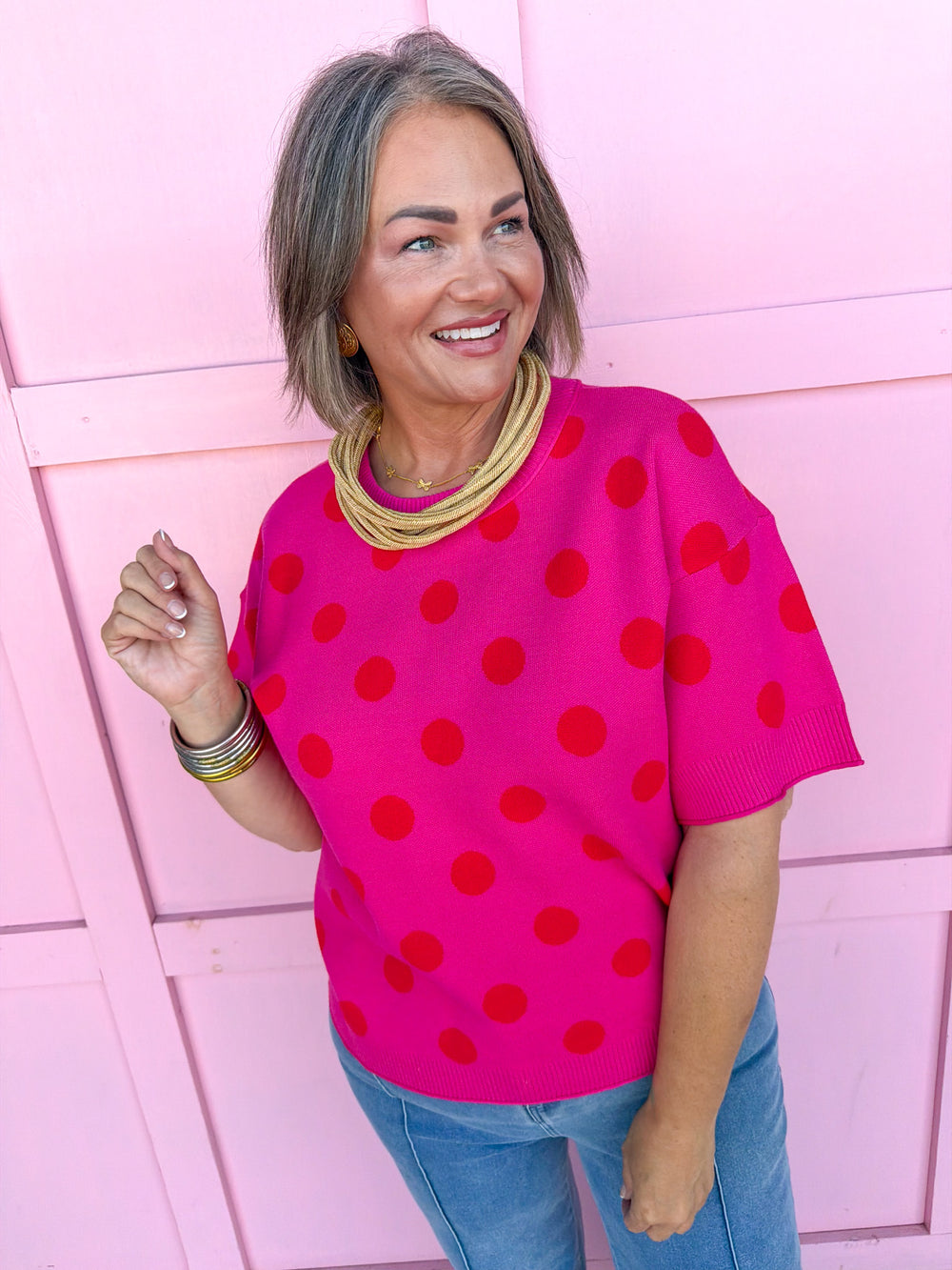 Jincy's Women's Boutique New Arrivals Everyday Wear Fall Transition Styles Pink Red polka Dot Knit Top Jodfil 514922