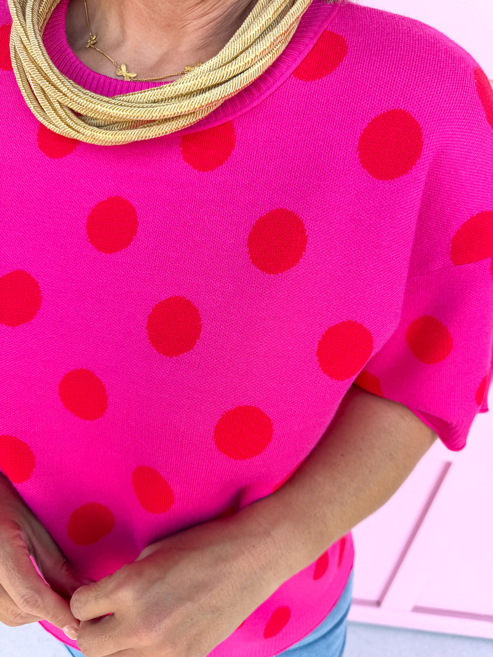 Jincy's Women's Boutique New Arrivals Everyday Wear Fall Transition Styles Pink Red polka Dot Knit Top Jodfil 514922
