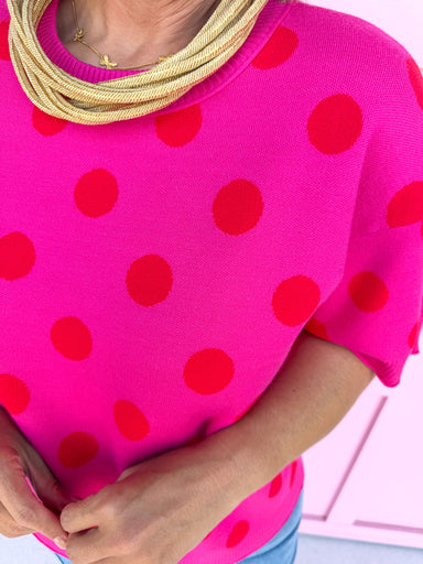 Jincy's Women's Boutique New Arrivals Everyday Wear Fall Transition Styles Pink Red polka Dot Knit Top Jodfil 514922