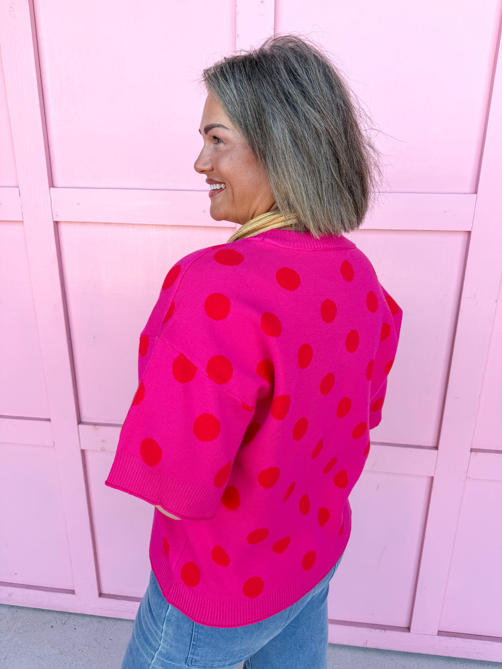 Jincy's Women's Boutique New Arrivals Everyday Wear Fall Transition Styles Pink Red polka Dot Knit Top Jodfil 514922