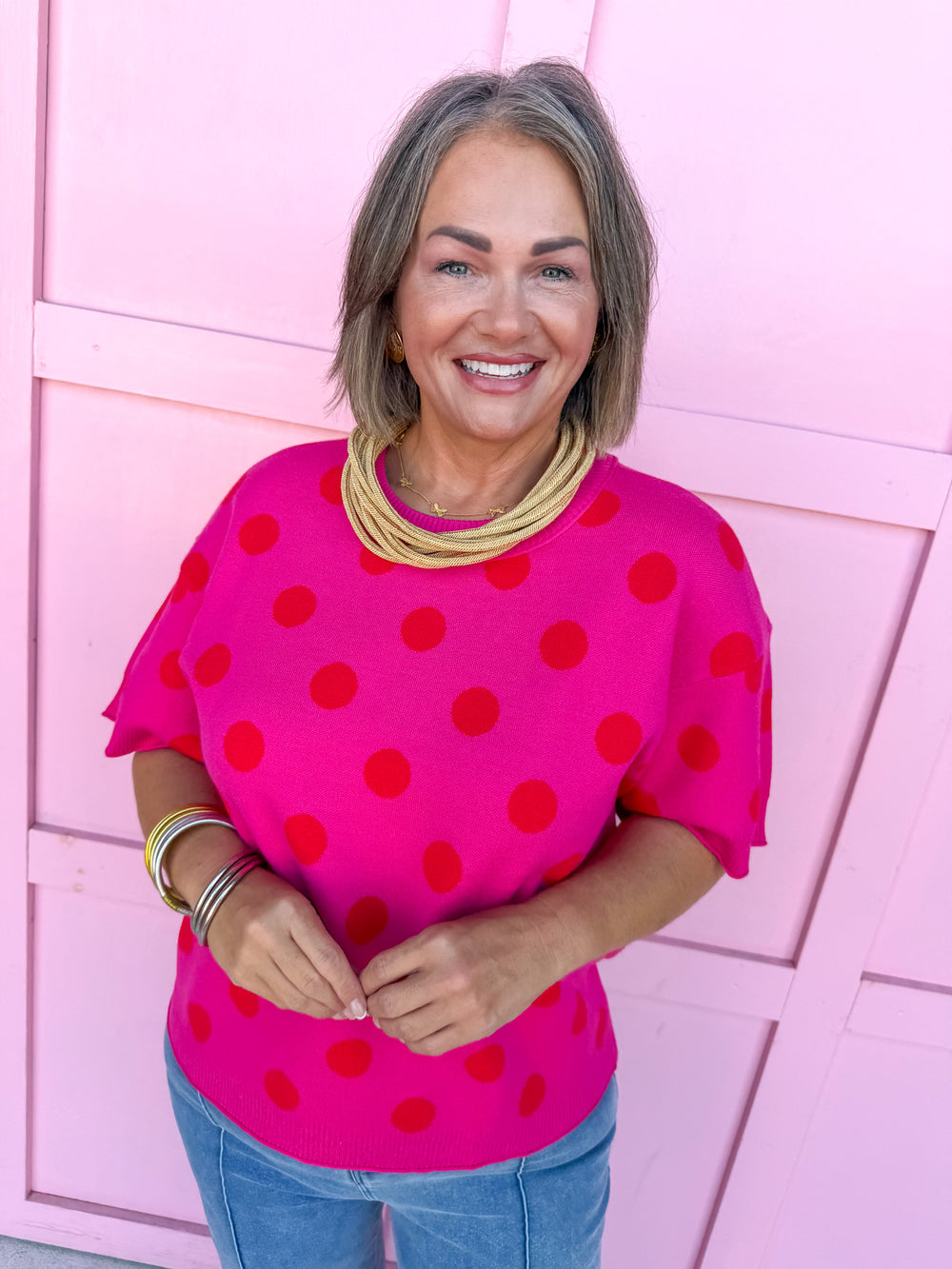 Jincy's Women's Boutique New Arrivals Everyday Wear Fall Transition Styles Pink Red polka Dot Knit Top Jodfil 514922