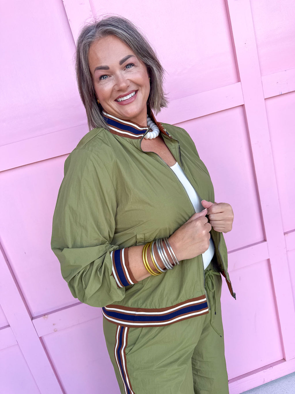 Jincy's Women's Boutique Olive Track Set with Stripe Trim 2 Piece Set Entro M51254