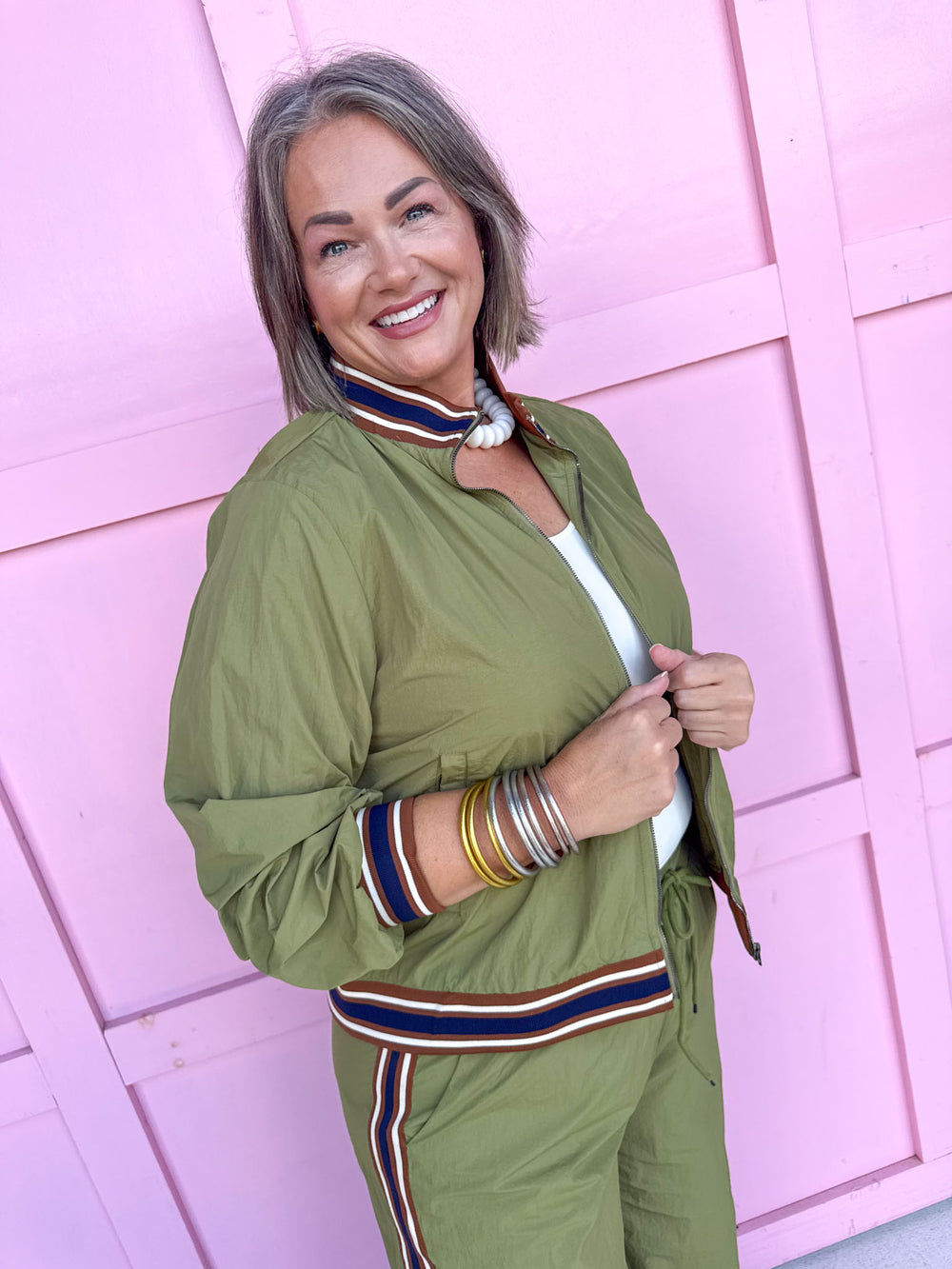 Jincy's Women's Boutique Olive Track Set with Stripe Trim 2 Piece Set Entro M51254