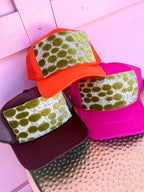 Jincy's Women's Boutique Tucker's Truckers Chartreuse Dot Trucker Hat Orange Brown Pink
