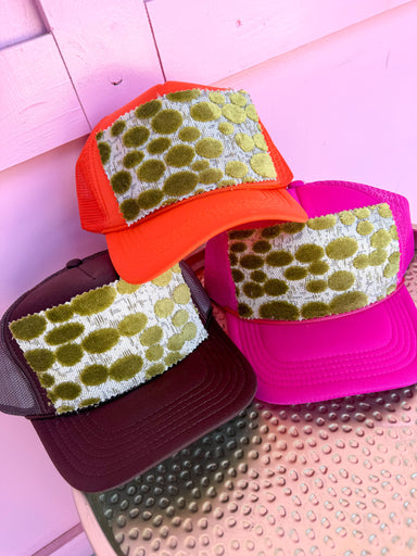 Jincy's Women's Boutique Tucker's Truckers Chartreuse Dot Trucker Hat Orange Brown Pink