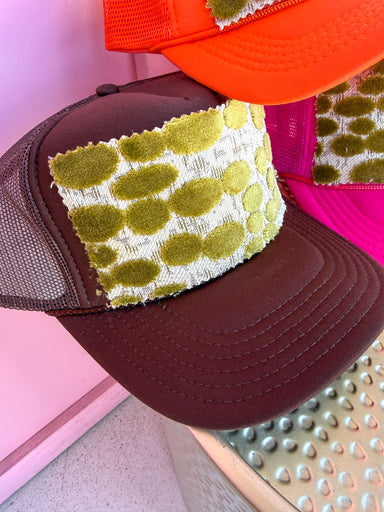 Jincy's Women's Boutique Tucker's Truckers Chartreuse Dot Trucker Hat Orange Brown Pink