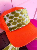 Jincy's Women's Boutique Tucker's Truckers Chartreuse Dot Trucker Hat Orange Brown Pink
