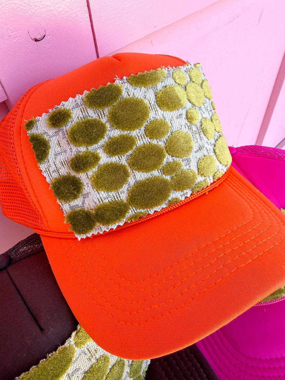 Jincy's Women's Boutique Tucker's Truckers Chartreuse Dot Trucker Hat Orange Brown Pink