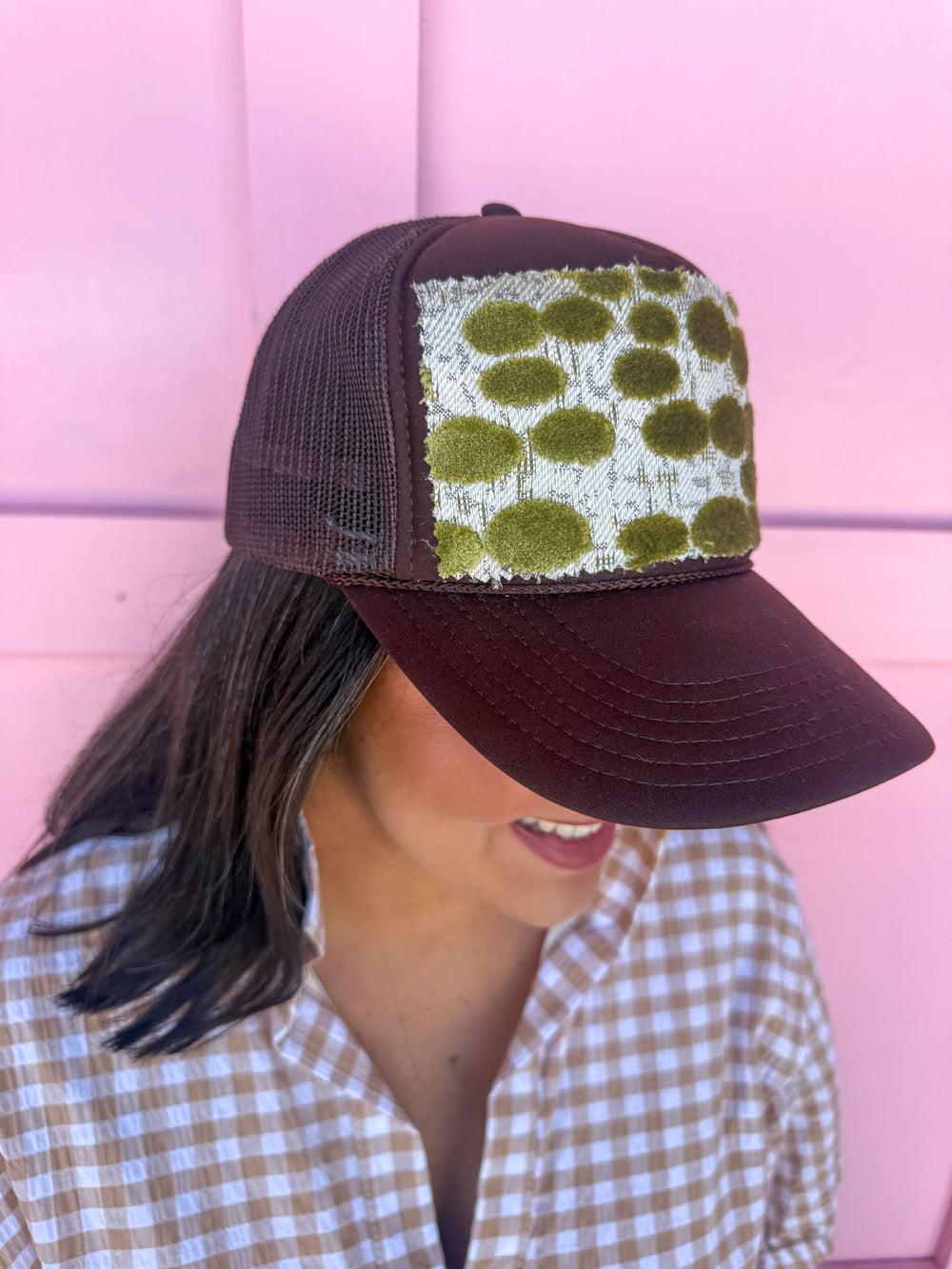 Jincy's Women's Boutique Tucker's Truckers Chartreuse Dot Trucker Hat Orange Brown Pink