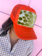 Jincy's Women's Boutique Tucker's Truckers Chartreuse Dot Trucker Hat Orange Brown Pink