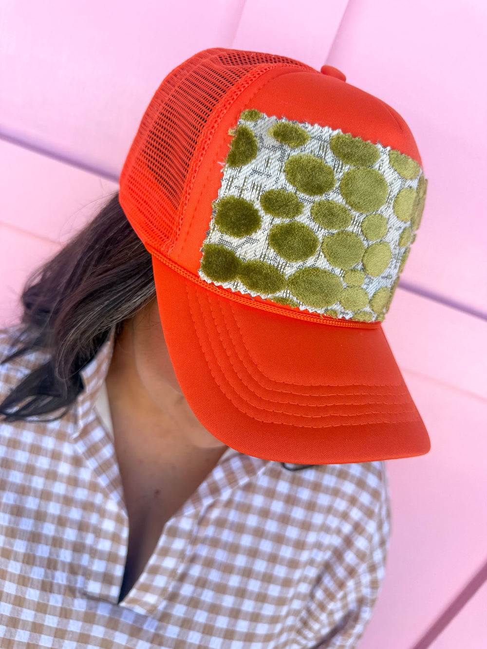 Jincy's Women's Boutique Tucker's Truckers Chartreuse Dot Trucker Hat Orange Brown Pink