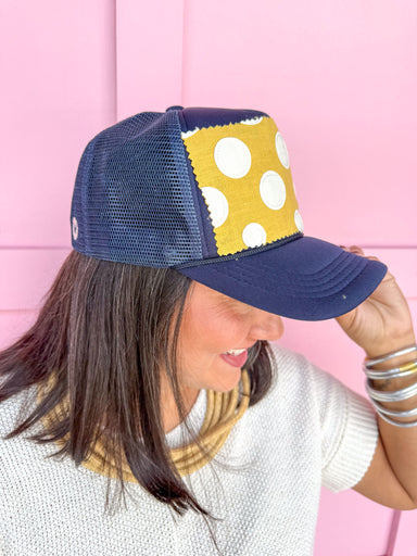 Jincy's Women's Boutique Tuckers Trucker Sideline Social Collection Foam Trucker Hat Navy Gold Custom Hat Game Day