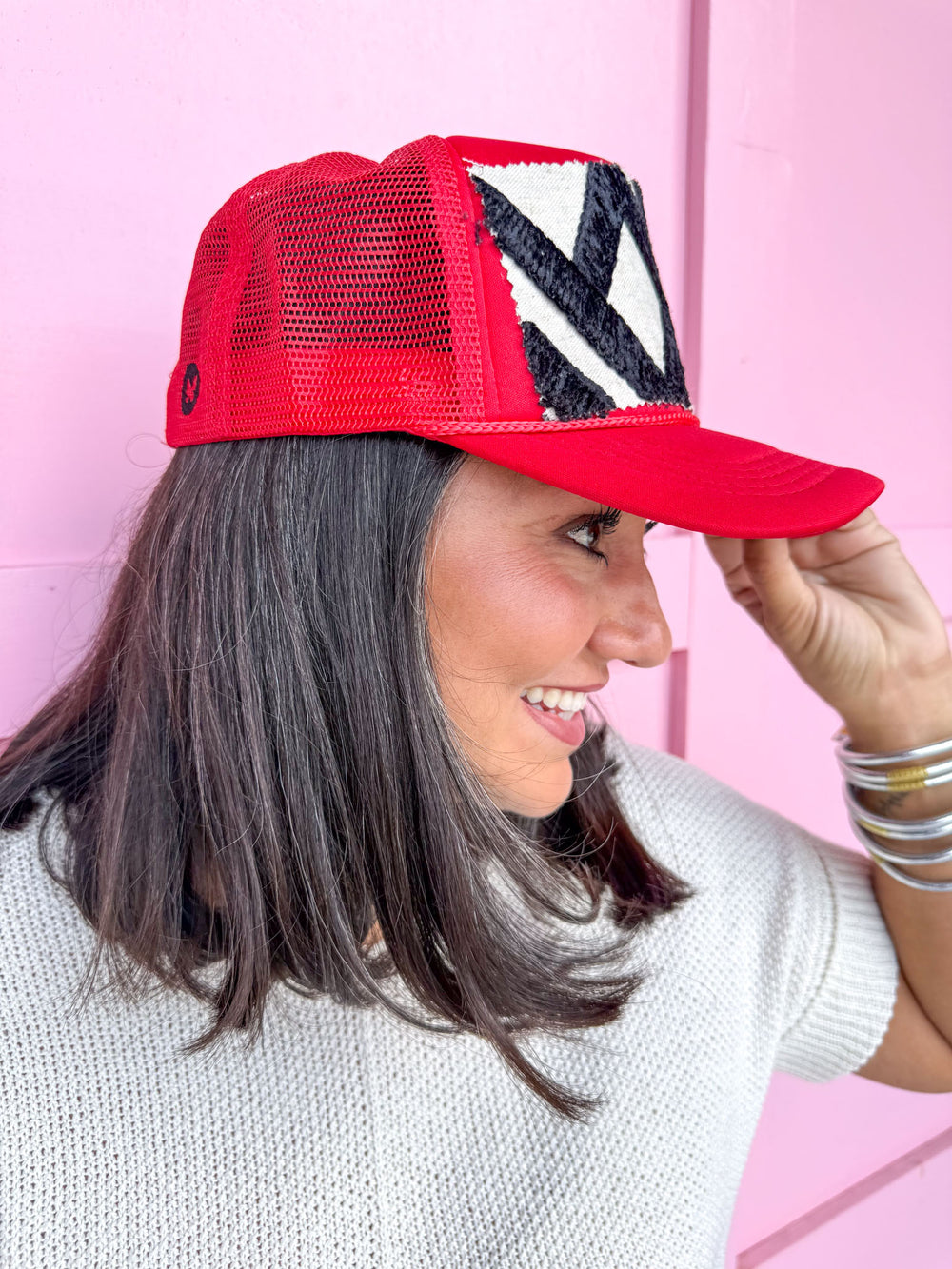 Jincy's Women's Boutique Tuckers Trucker Sideline Social Collection Foam Trucker Hat Red Black Custom Hat Game Day