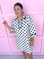 Jincy's Womens Boutique 3/4 Sleeve Ivory & Black Polka Dot Linen Mini Dress Everyday Wear Chic Chartreuse Collection Jodifl H13003