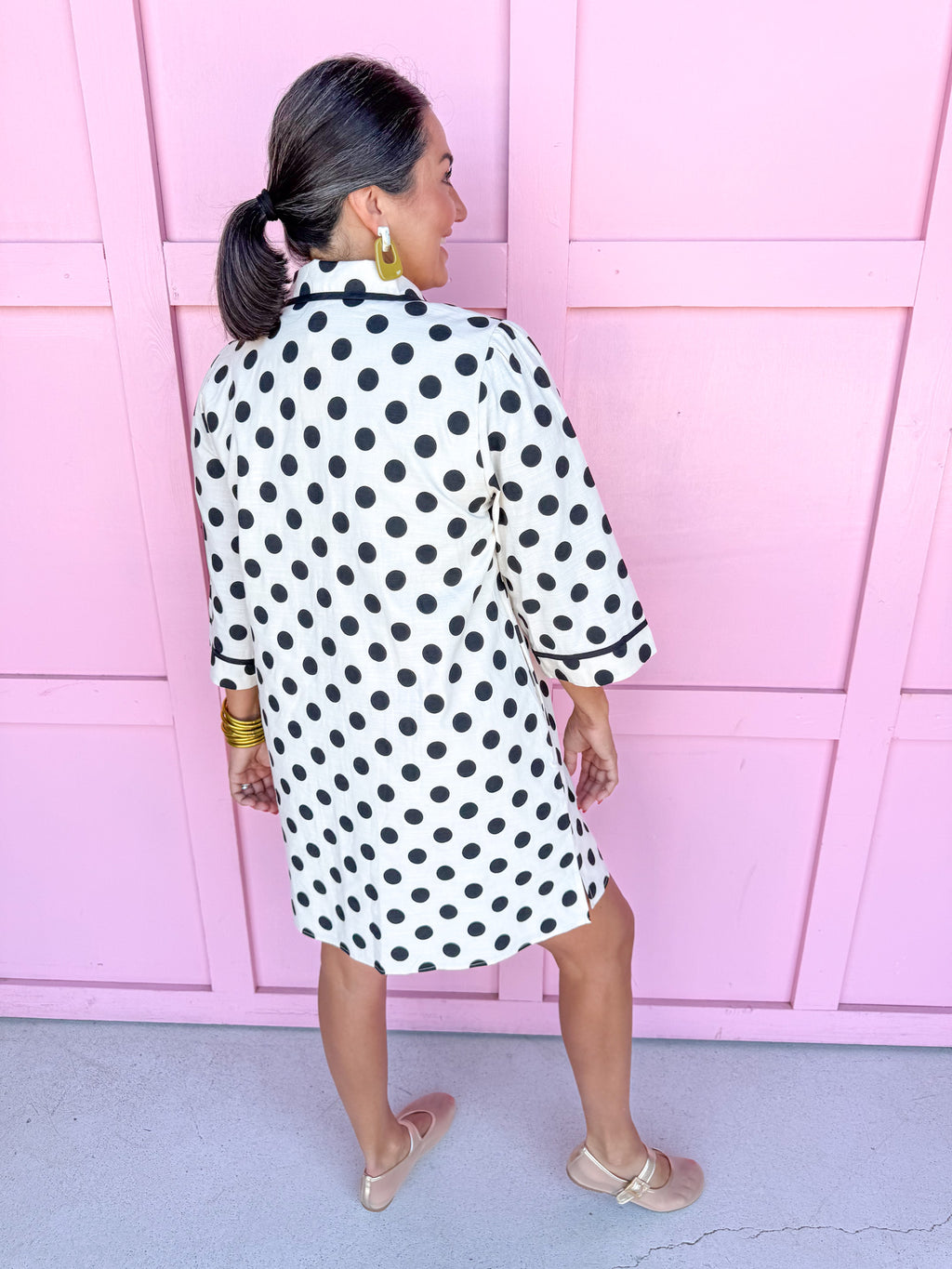 Jincy's Womens Boutique 3/4 Sleeve Ivory & Black Polka Dot Linen Mini Dress Everyday Wear Chic Chartreuse Collection Jodifl H13003